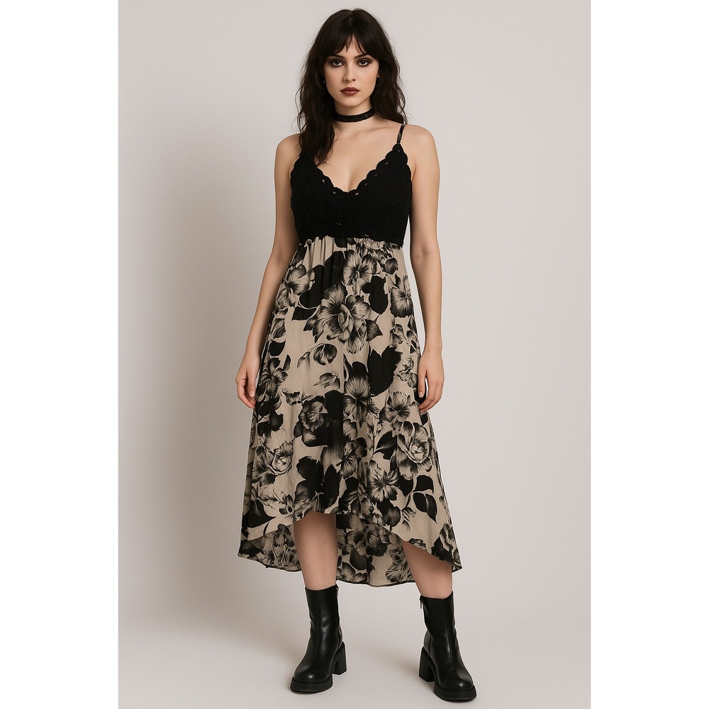 Vintage Y2K Indulge Instyle High Low Dress Womens M Black White Crochet Grunge